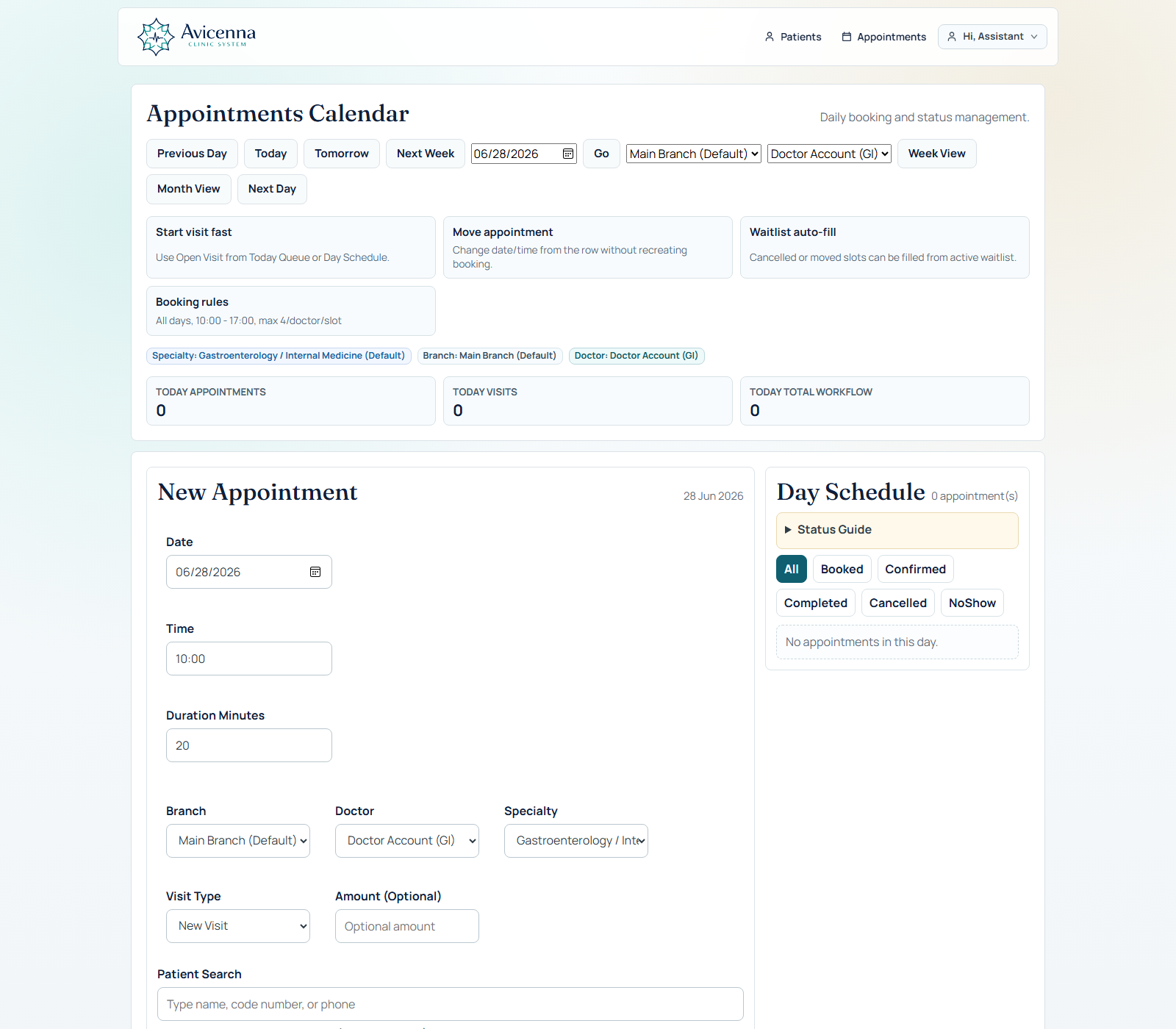 Daily appointments and queue in Avicenna