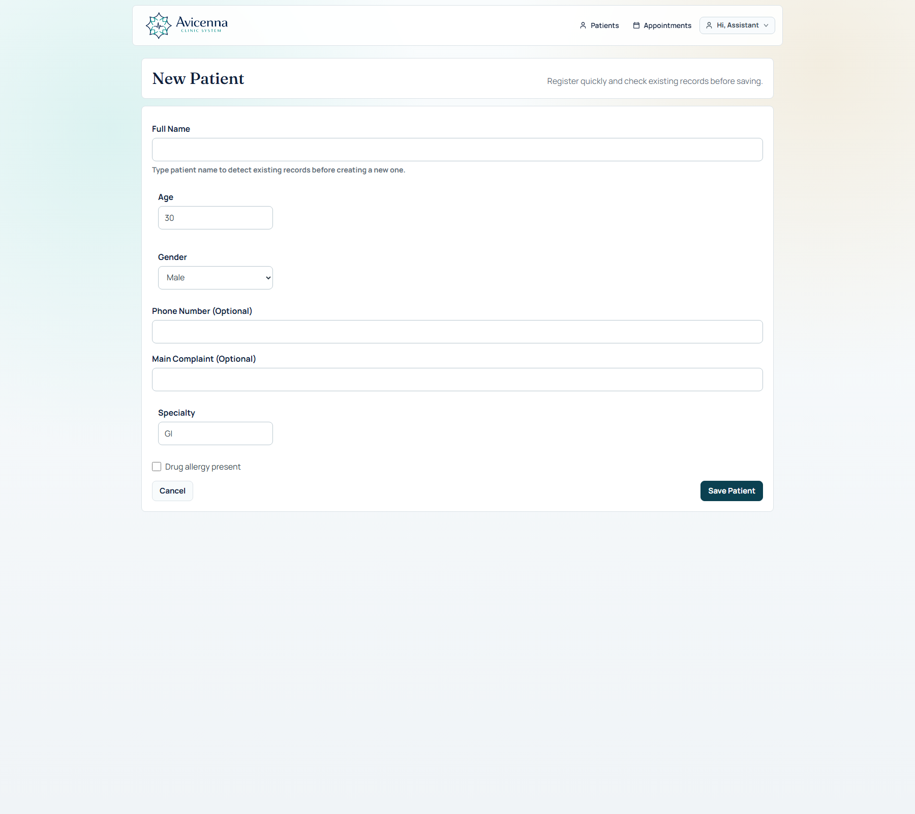 Avicenna Clinic live new patient registration