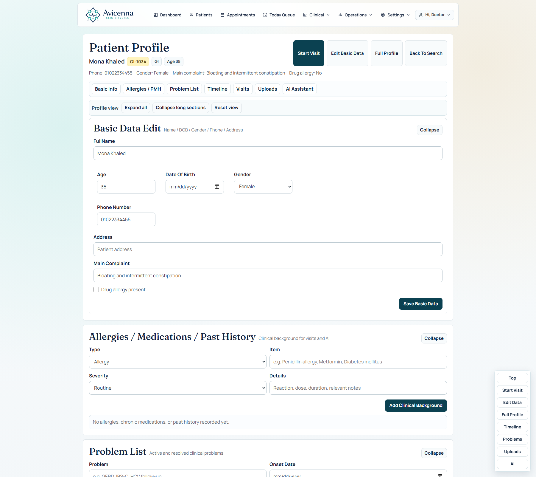 Longitudinal patient profile in Avicenna
