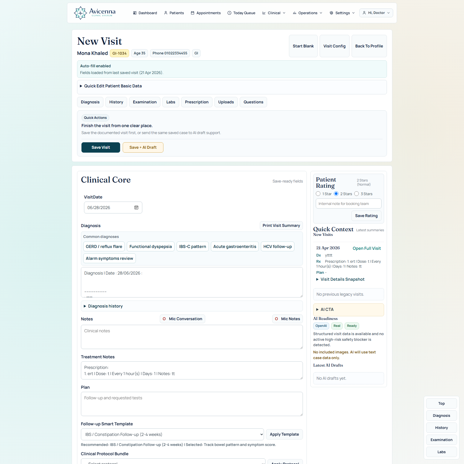 The Avicenna doctor visit workspace showing clinical core, quick context, and AI readiness